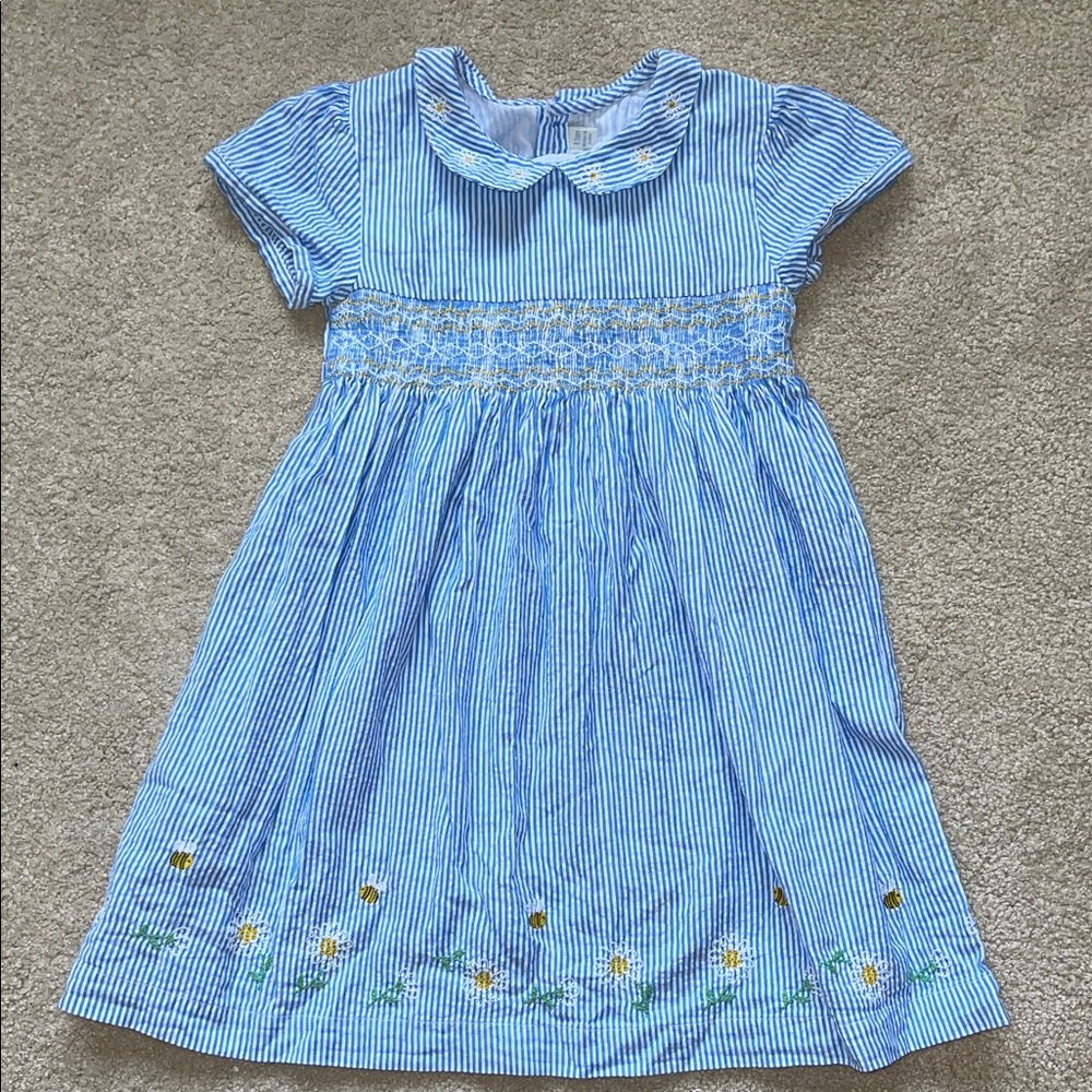 Cute Blue Striped Smocked Daisy Dress for Girls